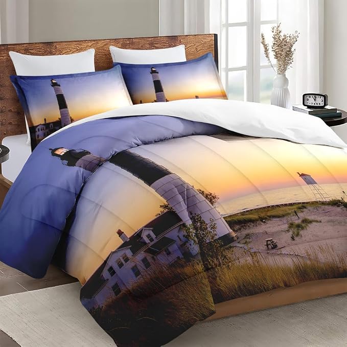 Comforter Set with 2 Pillowcases King Size, Coastal Lighthouse Michigan Beach Lake, Bed Decor Sea Ocean House Sunset Seascape for Kids and Adults, Soft Cozy Bedroom Bedding Set