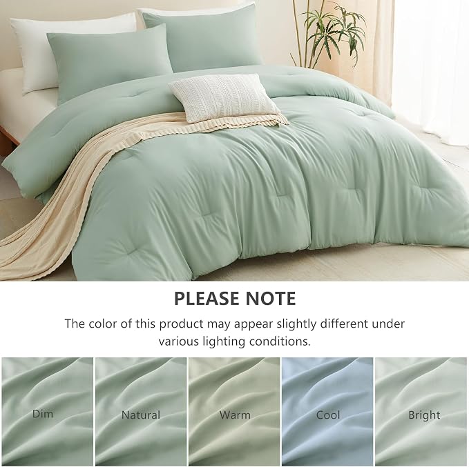 CozyLux Queen Comforter Set Sage Green, 3 Pieces Lightweight Comforters Queen Size Quilted Bedding Set, All Season Breathable Solid Down Alternative Comforter with 2 Pillowcases, Bed Set Gift for Home