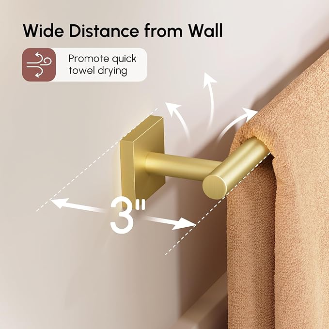 USHOWER Brushed Gold Towel Bar, 24 Inch Towel Racks for Bathroom Wall Mounted, 304 Stainless Steel Towel Holder with Square Base, Modern Home Decor (Total Length 26 Inch)