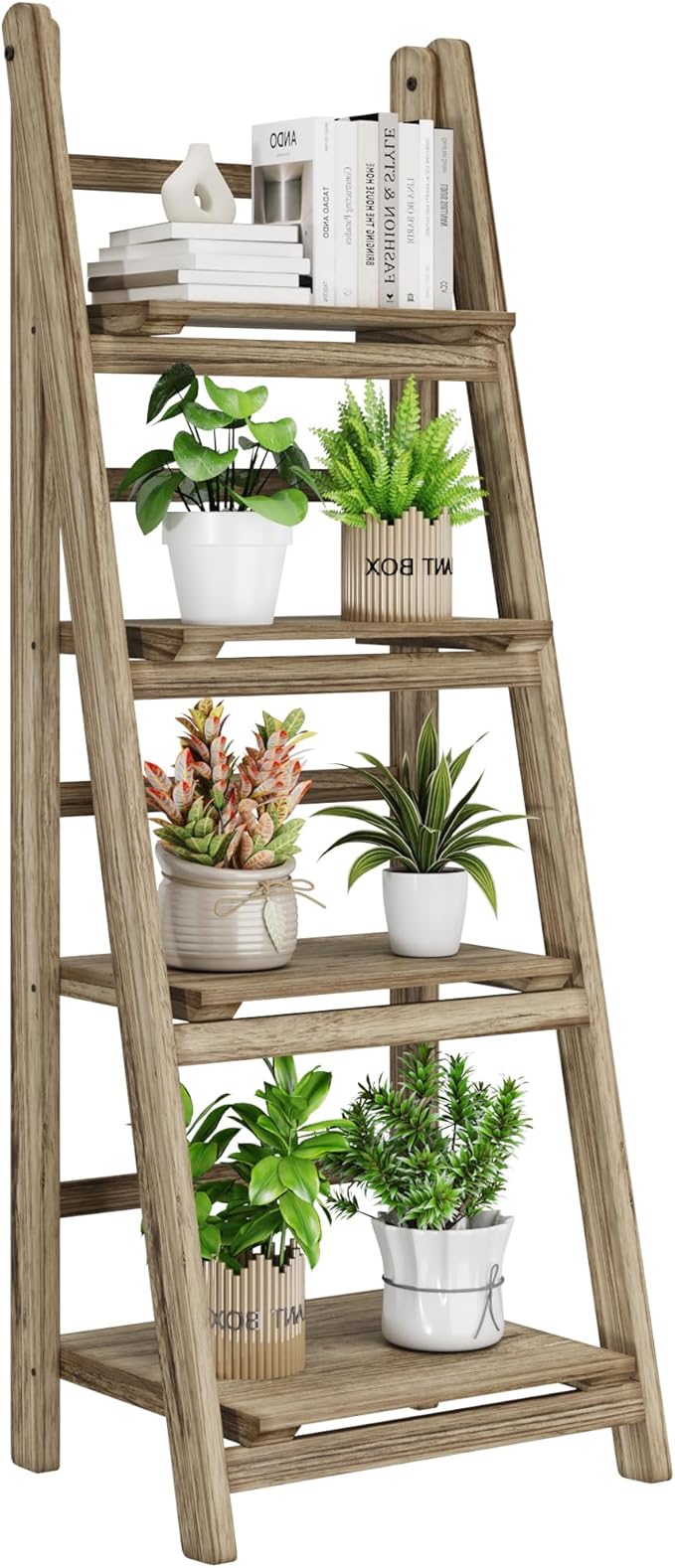 Ladder Shelves - Folding Wooden Ladder Bookshelf, 4-Tier Retro Plant Stand Storage Shelves for Home Living Room, Light Brown