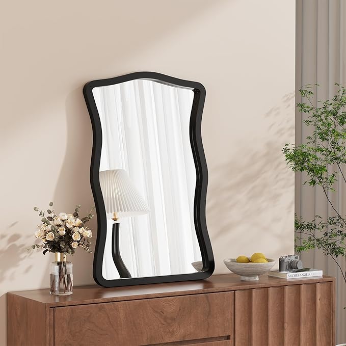 ULIKE Wavy Wall Mirror for Bathroom, 24x36 Wood Frame Mirror for Over Sink, Rustic Wall Mirrors Decorative and Vanity Mirrors for Bedroom Living Room Entryway, Black