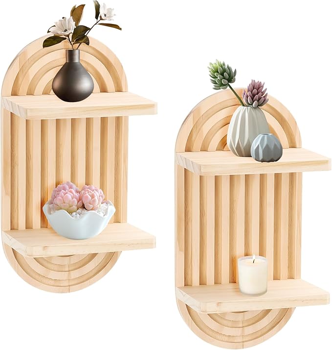 2 Pcs Wooden Rainbow Wall Shelves, Boho Floating Shelves Arch Boho Mcm Modern Wall Shelf Mid Century Wood Floating Shelf Decor for Bathroom, Bedroom, Kitchen (Wood-2tier)