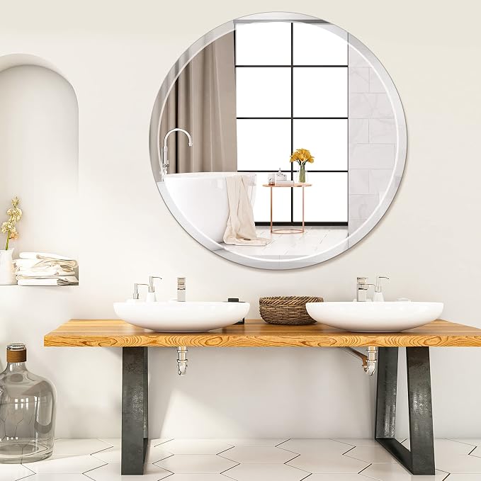 30-Inch Frameless Round Wall Mirror, Decorative Beveled Edge Bathroom Circle Mirror for Entryway, Washroom, Living Room and More