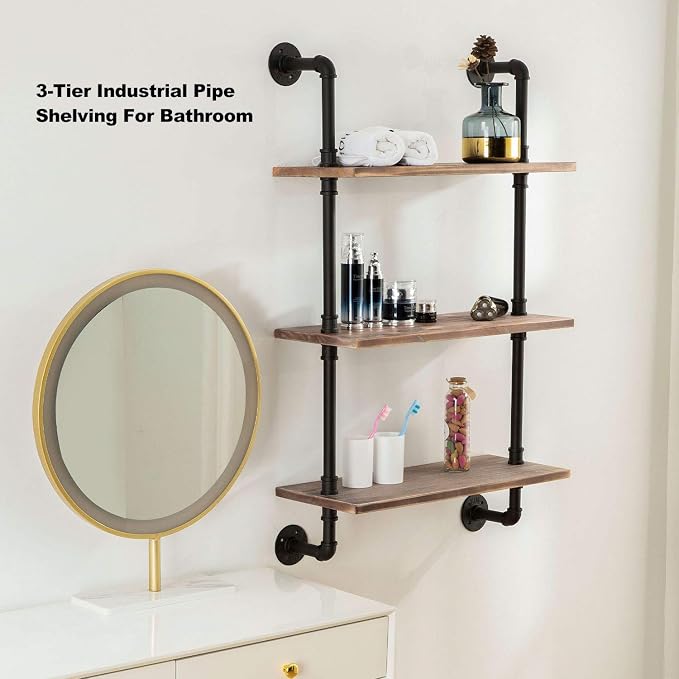 ROGMARS 3-Tier Real Pine Wood Floating Shelf, 20x7.87x41.3in, Industrial Retro Style, Bathroom Wall Shelves, Kitchen Shelves