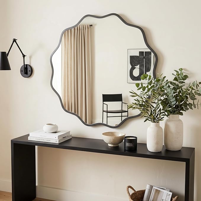 PERFNIQUE Black Scalloped Mirror, 30'' Round Wall Mirrors Wavy Wood Framed with Tempered Glass for Bathroom Nursery Bedroom Living Room Entryway, Decorative Modern Wall Decor