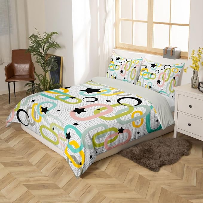 Erosebridal Boho Mid Century Toddler Comforter Cover Modern Abstract Geometric Bedding Set Retro Vintage Artistic Aesthetic Duvet Cover for Kids Girls Boys Adults Atomic Minimalism Bed Set