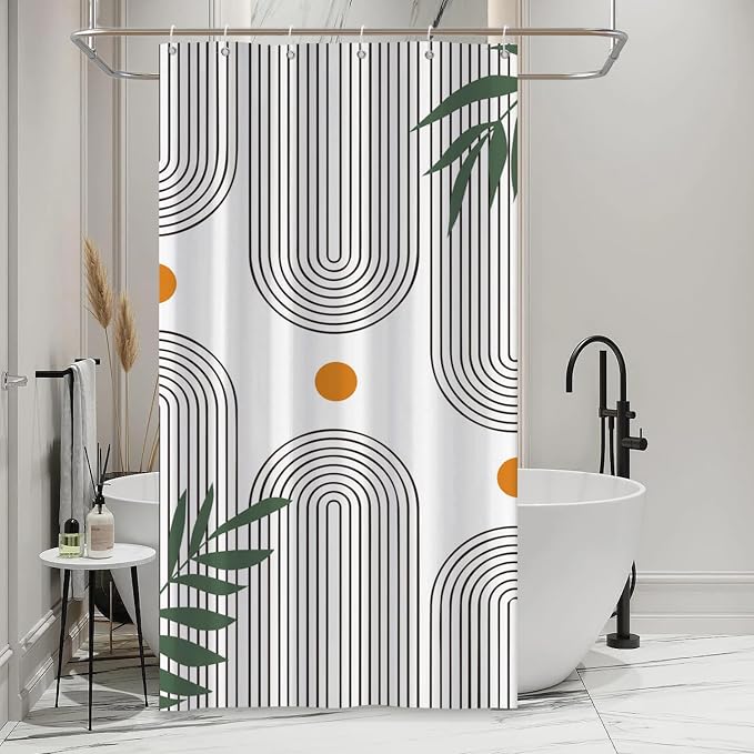 Boho Mid Century Shower Curtain Bohemian Minimalist Geometric Arch Sun Bathroom Curtain Sage Green Plant Polyester Shower Curtain Sets for Bathroom Extra Long 54x72 in with 10 Hooks