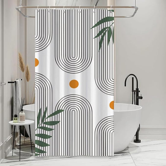 Boho Mid Century Shower Curtain Bohemian Minimalist Geometric Arch Sun Bathroom Curtain Sage Green Plant Polyester Shower Curtain Sets for Bathroom Extra Long 54x72 in with 10 Hooks