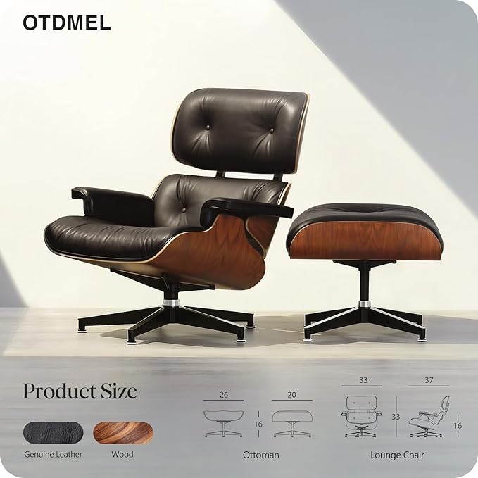 Luxury Top Grain Leather Mid Century Chaise Lounge Chair with Ottoman, Heavy Duty Base Support, Reading Chair, Modern Arm Chair, Leather Accent Chair for Living Room and Office, Walnut