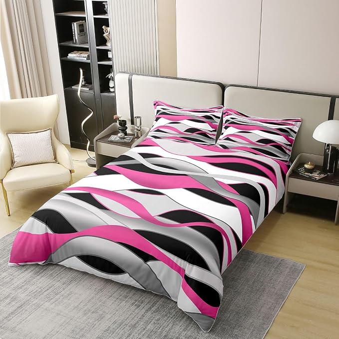Erosebridal Pink Grey Black 100% Cotton Duvet Cover King Geometric Spiral Bedding Set for Kids Teens Adults Modern Stripe Lines Comforter Cover Abstract Retro Stripes Bed Set 3 Pcs