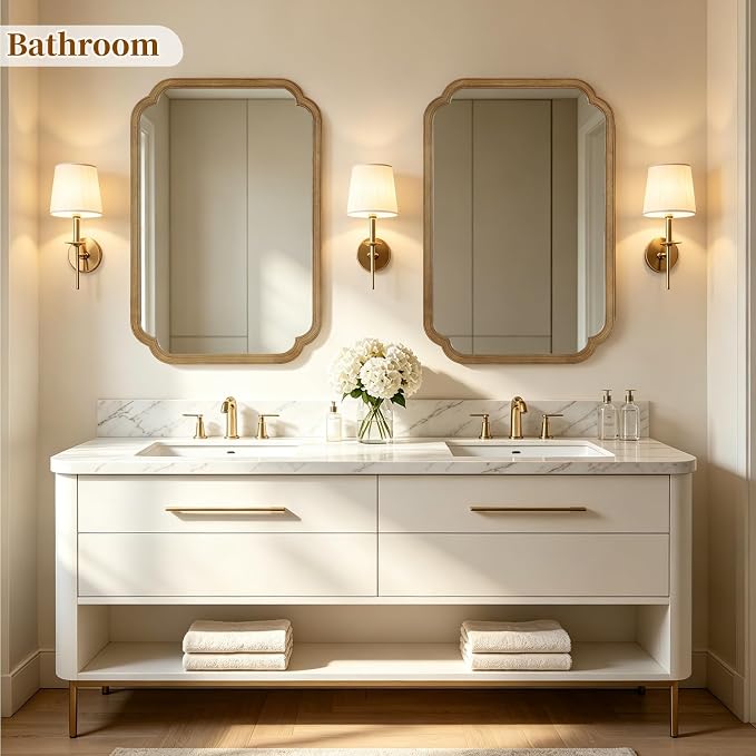 HOMECOOKIN Wood Bathroom Mirror for Wall Decor Arched Rounded Corner Rustic Wood Frame Wall Mirror Home Decorative for Vanity, Living Room, Bedroom, Entryway (24 x 36 inch, Natural)