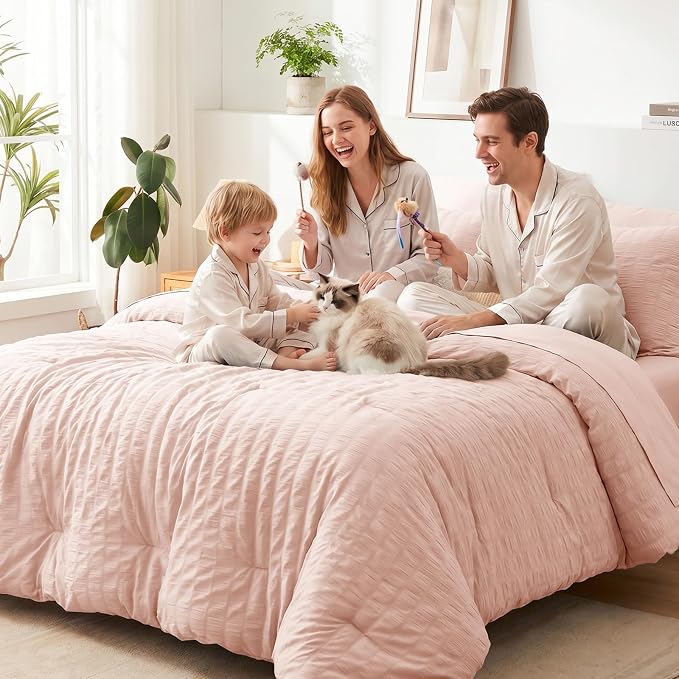 CozyLux Queen Comforter Set Blush Pink, 7 Pieces Seersucker Textured Luxury Bed in a Bag Queen, All Seasons Soft Bedding Sets with Down Alternative Comforter, Sheets, Pillowcases & Shams, Home Gift