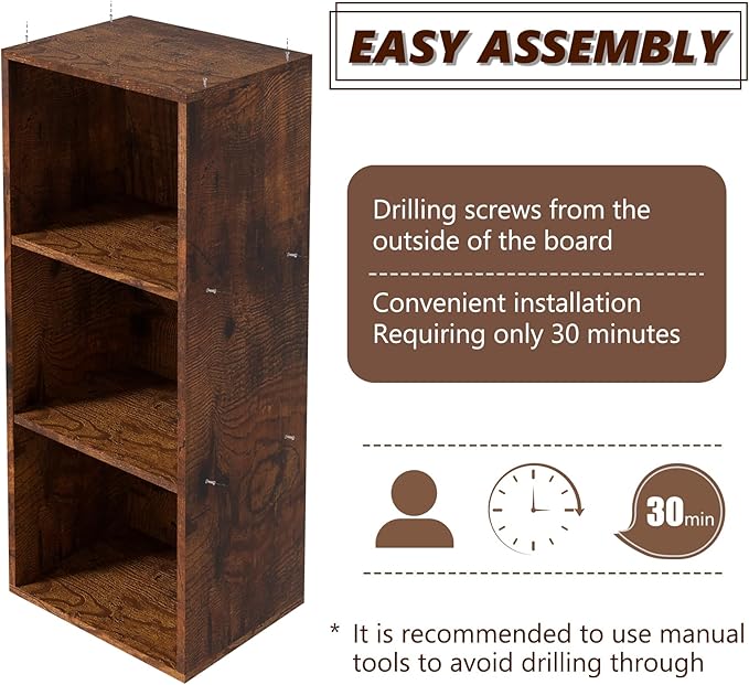 Wooden 3 Cube Storage Organizer, 3 Tier Storage Cubes Storage Display Cubby, Freestanding DIY Closet Shelving Unit for Living Room Bedroom Office (Retro Brown, 3 Cube-W(11.8inch)