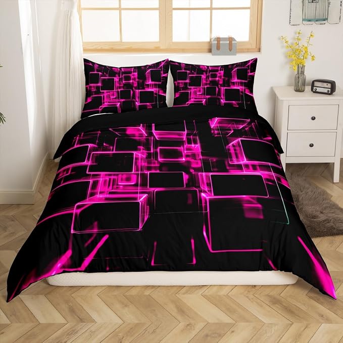Erosebridal Girly Pink and Black Kids Duvet Cover, Modern Abstract Geometric Square Bedding Sets for Boys Girls Gradient Neon Light Honeycomb Bed Cover Twin with 1 Pillowcase