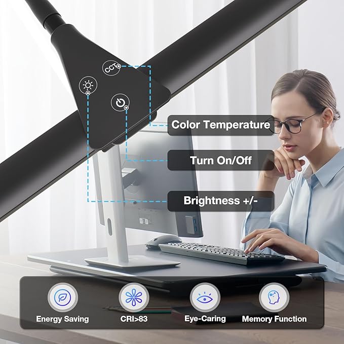 Desk Lamp for Home Office, Double Head Desk Light with Clamp, Dimmable 5 Color Modes Task Lighting, Eye-Caring Architect Table Lamp for Workbench, Dual Monitor, Study, 1400lm