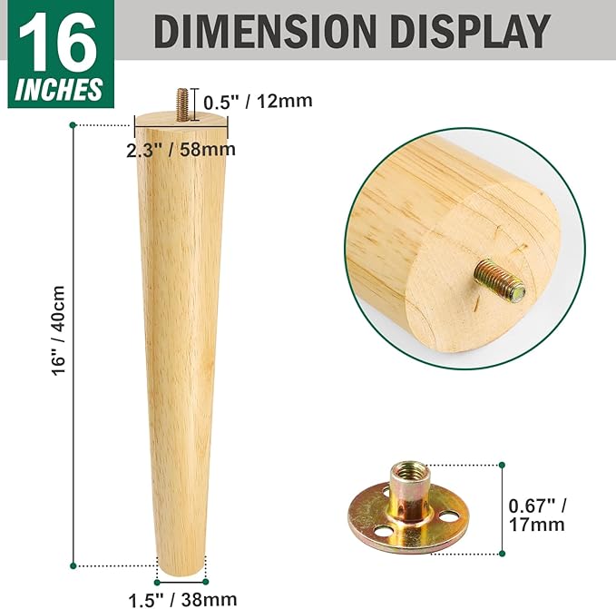 FoDau770 Rubber Wood Furniture Legs 16 Inches, Straight Tapered Wood Feet Mid Century Sofa Legs Set of 4, 5/16" UNC Furniture Feet Replacement Parts for Cabinet Couch Dresser Chair Ottoman Table