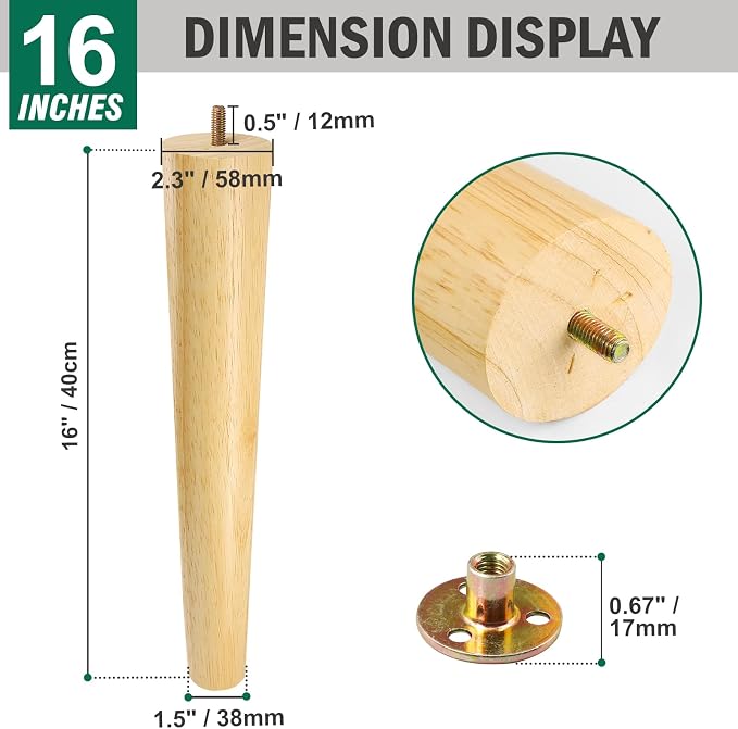 FoDau770 Rubber Wood Furniture Legs 16 Inches, 5/16" UNC Straight Tapered Wood Feet Mid Century Sofa Legs, Wooden Furniture Feet Replacement Parts for Cabinet Couch Dresser Chair Ottoman Table