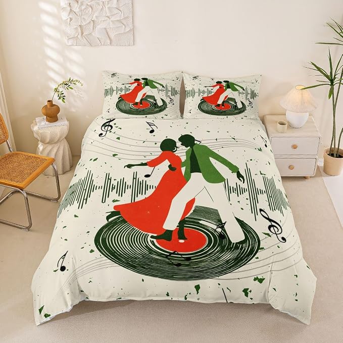 Erosebridal Retro Music Bedding Set Queen for Adults - Romantic Couple Dance Duvet Cover Vintage Vinyl Record Comforter Cover,Trendy Musical Notes Bed Set