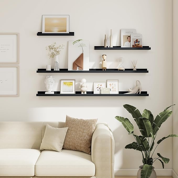 Picture Ledge Shelf, Floating Shelves Set of 6, 24 inch Long Picture Shelf for Wall with Lip, Wall Mounted Shelves for Bedroom, Living Room, Bathroom, Kitchen,Black