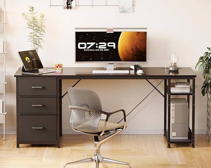 AODK 63 Inch Computer Desk with Drawers & USB Power Outlets, Reversible Home Office Desk with Storage Shelves, Work from Home, Modern Work/Writing/Study Table for Bedroom, Black