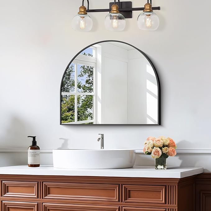 CIRCUMI Arched Wall Mirror, 24"x20" Black Arched Mirror with Tempered Glass, Metal Frame, Large Size for Entryway Table, Mantel,Living Room,Over Sink,Arch Mirror for Decor,Shatterproof&Crystal-Clear