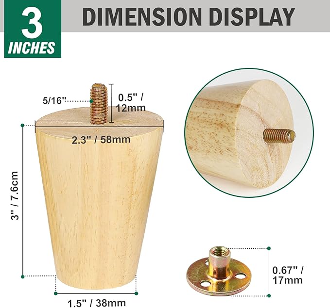 FoDau770 Rubber Wood Furniture Legs 3 Inches, Straight Tapered Wood Feet Mid Century Sofa Legs Set of 8, 5/16" UNC Furniture Feet Replacement Parts for Cabinet Couch Dresser Chair Ottoman Table