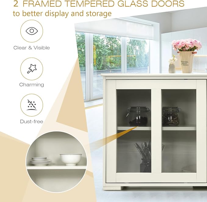 Sideboard Buffet Cabinet, Stackable Cupboard Storage Table with Adjustable Shelf & Glass Sliding Doors, Wooden Credenza Coffee Bar Cabinet for Kitchen/Dining Room/Living Room/Entryway (White)
