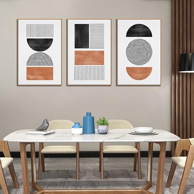 Framed Wall Art Canvas Set Mid Century Boho Pictures Modern Geometric Wall Decor Minimalist Black Brown Bohemian Abstract Painting Artwork for Living Room Bedroom Office 24"x36"x3 Natural