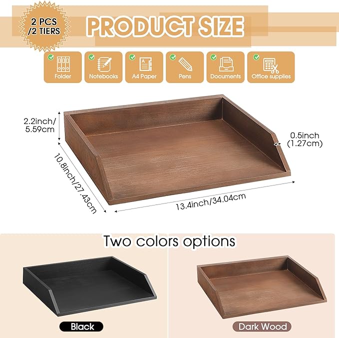 Beeveer 2 Pcs Dark Wood Letter Tray Wooden Desk Paper Organizer 2 Tier Stackable Load Documents Desktop Tray Drawer File Folder Magazine Office Accessories for Home Office Back to School