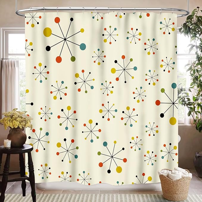 Mid Century Modern Shower Curtain for Bathroom, Abstract Geometric Atomic Iconic Retro 1950s 1960s Pastel Vintage Rustic Waterproof Fabric Shower Curtain Set with Hooks, 72"x84"