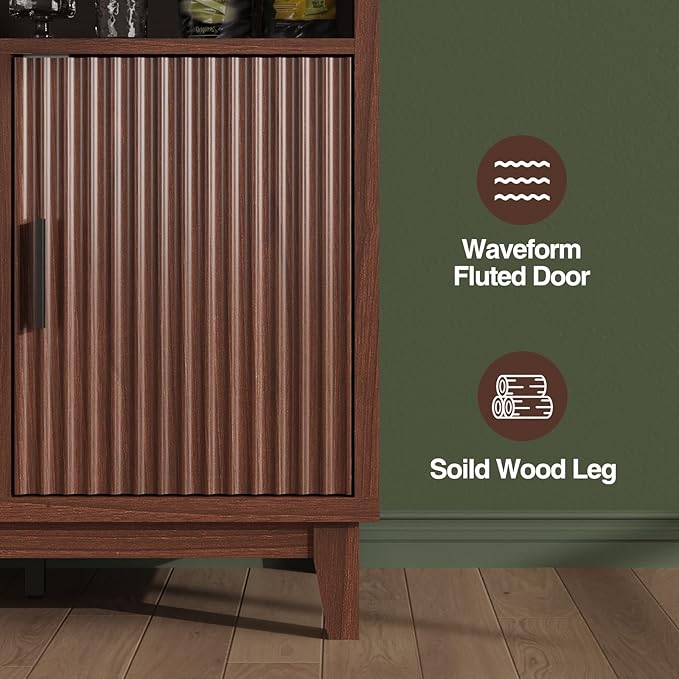 Fluted Buffet Cabinet with Storage, Modern Coffee Bar Cabinet with Outlet, Removable Wine Rack, Multi-Functional Accent Liquor Cabinet for Living Room, Entryway, Kitchen, Walnut