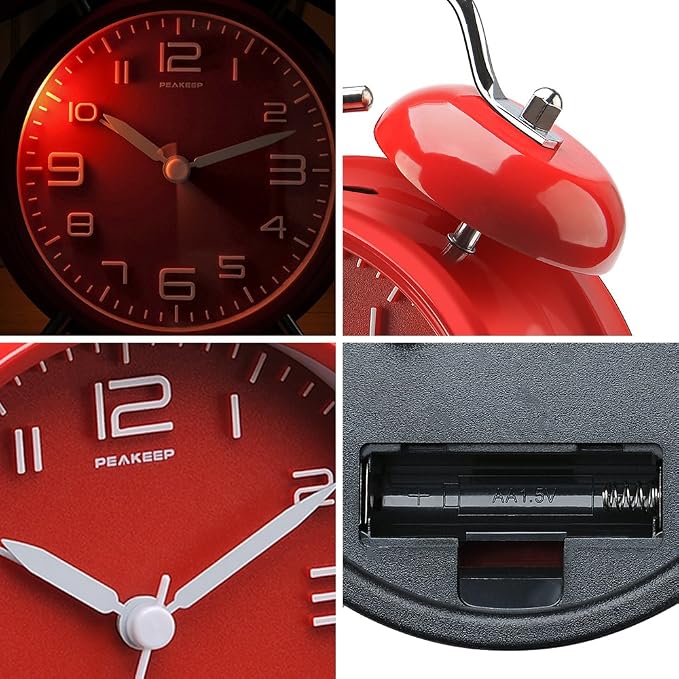 Peakeep 4.5 Inches Twin Bell Loud Alarm Clock for Heavy Sleerpers, Backlight, Battery Operated Old Fashioned Alarm Clock for Bedrooms (3D-Dial, Red)