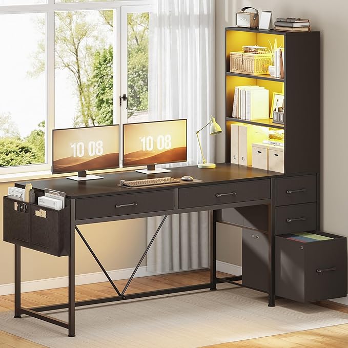 SEDETA Computer Gaming Desk with 5 Drawers and Bookshelf, Reversible Home Office Desk with Storage Shelves and File Drawer, Corner Desk with LED Lights for Small Spaces, Black