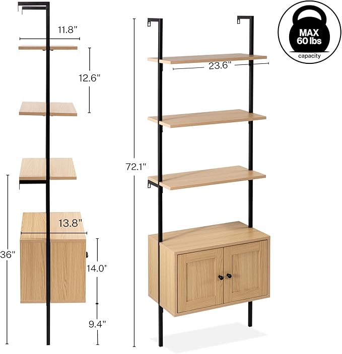 happimess MSH1002B Tulare 72.05" MidCentury Industrial 4-Shelf Wood Wall-Mounted Open Ladder Bookcase with Cabinet and Metal Frame, Light Oak/Black