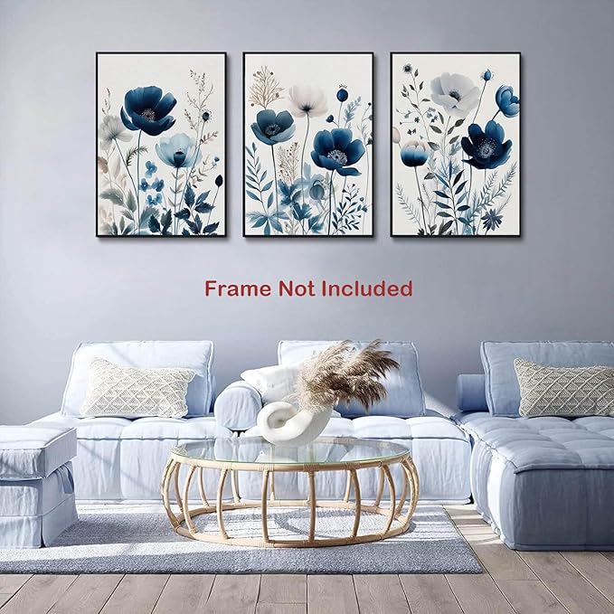 BingruiArt Navy Blue Wall Art Canvas Abstract Floral Painting Blue and Gray Posters Watercolor Flower Decor Wildflower Pictures Botanical Prints for Living Room Bedroom Bathroom 3 Pcs 12x16in Unframed