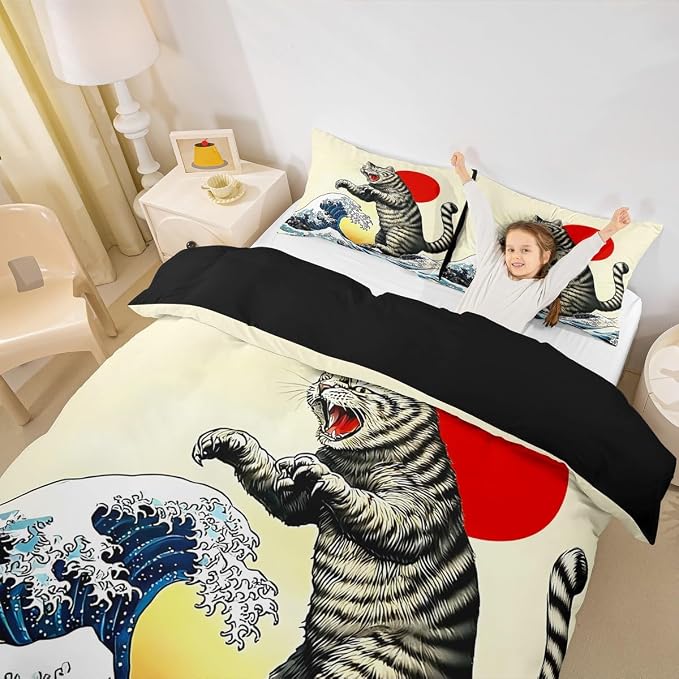 Erosebridal Funny Japanese Cat Duvet Cover Queen Japanese Ukiyo-E Cat Bedding Set Kawaii Animal Comforter Cover for Kids Girls Boys Adults Sunset Ocean Sea Waves Bed Set