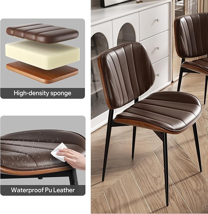 Dining Chairs Set of 4, Mid Century Modern Dining Room Chairs, Upholstered Faux Leather Kitchen Chairs with Walnut Bentwood Back and Metal Legs