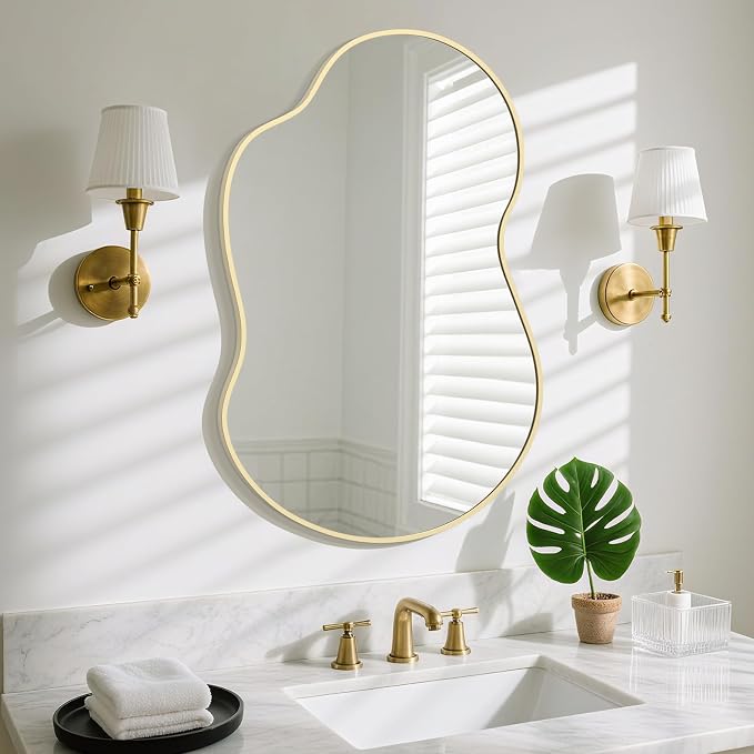 HOMECOOKIN 36" H x 24" W Irregular Wall Mirror, Asymmetrical Decorative Mirror with Gold Aluminum Frame, Wavy Abstract Gold Mirror, for Living Room, Bedroom, Bathroom, Entryway, Cloakroom