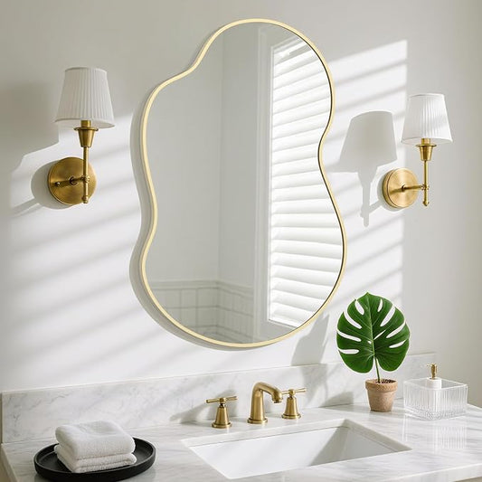 HOMECOOKIN 36" H x 24" W Irregular Wall Mirror, Asymmetrical Decorative Mirror with Gold Aluminum Frame, Wavy Abstract Gold Mirror, for Living Room, Bedroom, Bathroom, Entryway, Cloakroom