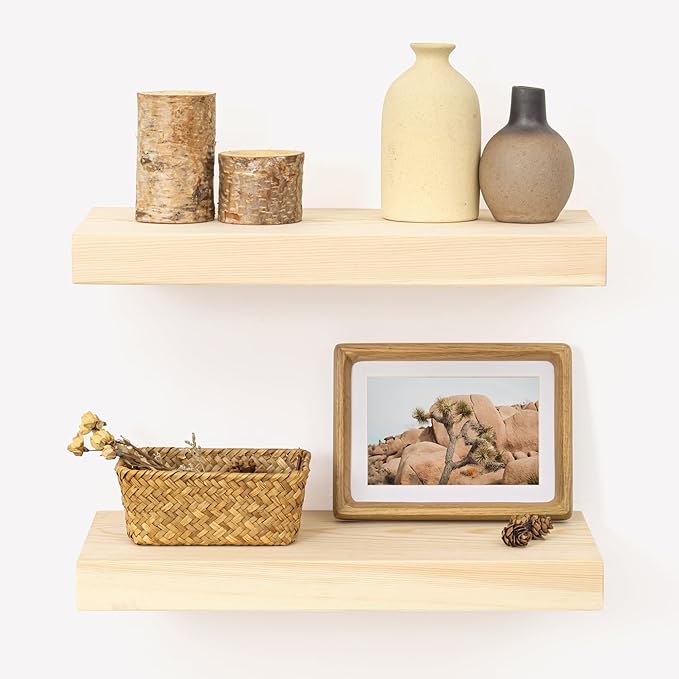 Marsmiles Natural Wood Floating Shelves | Unfinished Wood Wall Shelves Set of 2 | 16" W x 7.7" D x 1.6" H Natural Wooden Shelves for Bathroom Living Room Kitchen