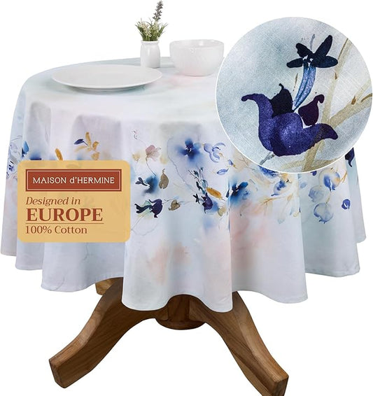 Maison d' Hermine Table Cloth Round Table 100% Cotton 69 Round Inches Tablecloth Reusable Decorative for Dining Room Farmhouse Home Valentines Day Decorations Spring Summer - Lazy Summer Days