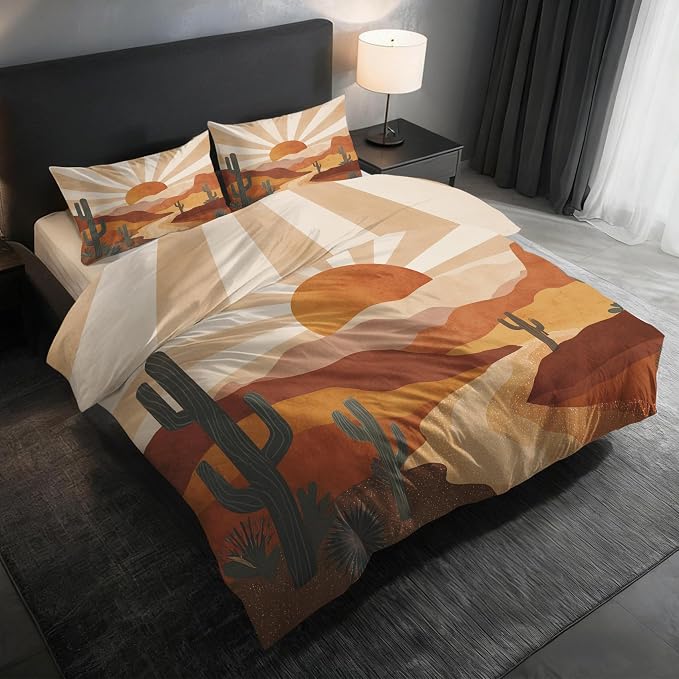 Boho Sun Duvet Cover California King Size, Mid Century Bedding Set 3 pcs with 2 Pillow Covers, Retro 70s Bedroom Decor, Soft Microfiber Reversible, Zipper & Ties KJJT 81