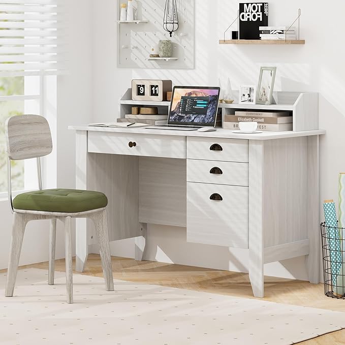 Safeplus 48" Computer Desk with 4 Storage Drawers and Hutch Wood Executive Table for PC Laptop