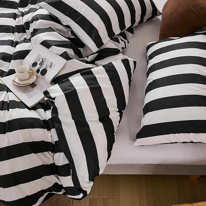 Merryword Black and White Striped Duvet Cover Set Queen Size - 100% Cotton Duvet Cover Set with Zipper Closure & 8 Corner Ties, 3-Piece Luxury Linen Like Bedding Set for All Seasons