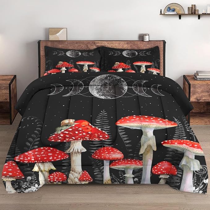 WeCozy King Size Comforter Set with 2 Pillowcases, Mushroom Wildflower Dandelion 3 Pcs Bedding for Kids and Adults, Flower Summer Moon Phases Soft Comforter Set for Bedroom Bed Decor