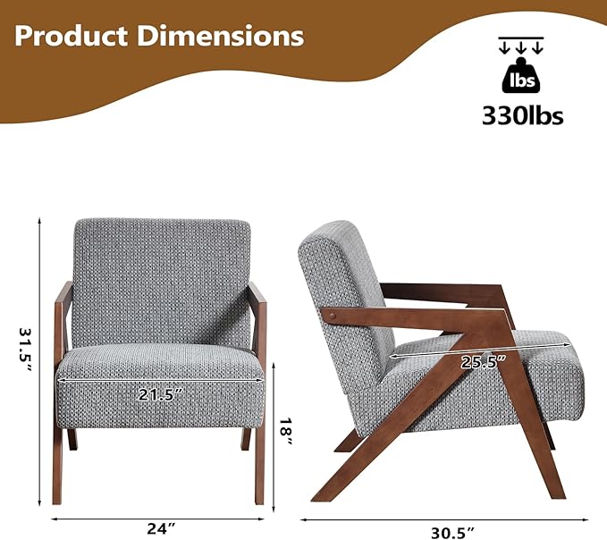 Bonzy Home Mid-Century Modern Accent Chair Set of 2 with Wood Frame, Upholstered Armchair for Bedroom & Living Room, Linen Fabric Cushion, Z-Shaped Armrest Design, Sturdy Lounge Chair