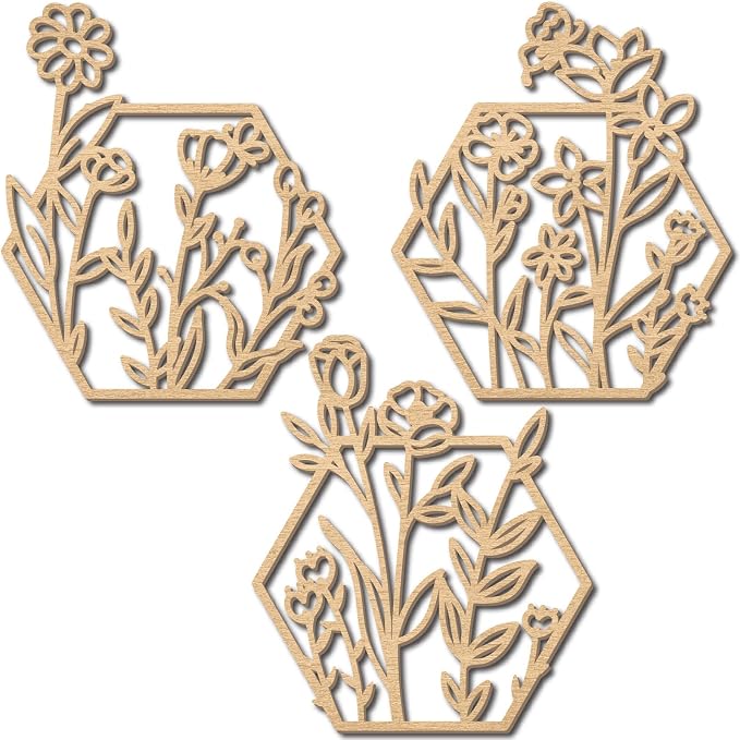 CREATCABIN 3Pcs Flowers Wood Wall Decor Wooden Black Wall Art Decoration Hanging Set Hollowing Out Hexagon Flower Sculpture Laser Cut Wooden Sign Ornament for Home Bedroom Gallery Office 11.8x13.8Inch
