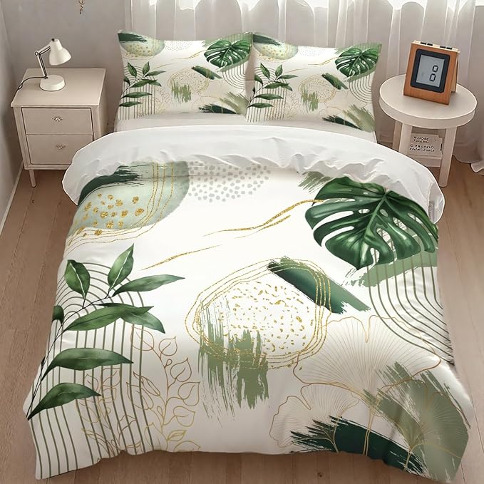 Boho Leaf Bedding Set,Mid Century Palm Tropical Leaf Abstract Geometric Modern Minimalism Green Comforter Set with Pillowcase for Bedroom Bed Decor，Twin 86"x70"
