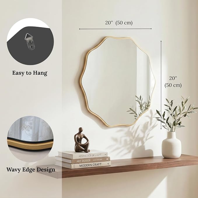 PERFNIQUE Gold Scalloped Mirror, 20'' Round Wall Mirrors Wavy Wood Framed for Bathroom Nursery Bedroom Living Room Entryway, Decorative Modern Wall Decor