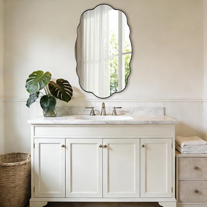 ANDY STAR Chrome Wavy Scalloped Mirror - 24x40 Inch Modern Oval Bathroom Mirror, Unique Irregular Wall Mirror with Heavy Duty SUS Metal Frame